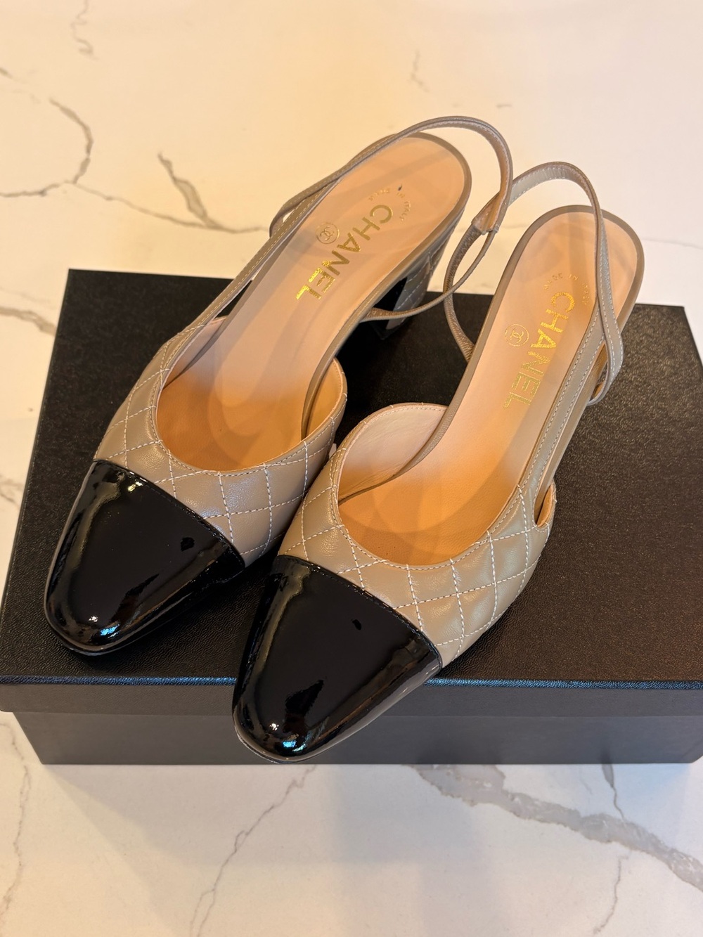 CHANEL slingbacks Beige & Black Quilted Slingback Pumps w/ Black Patent Cap Toe